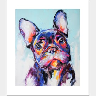 Oil bulldog muzzle portrait painting in multicolored tones. Posters and Art